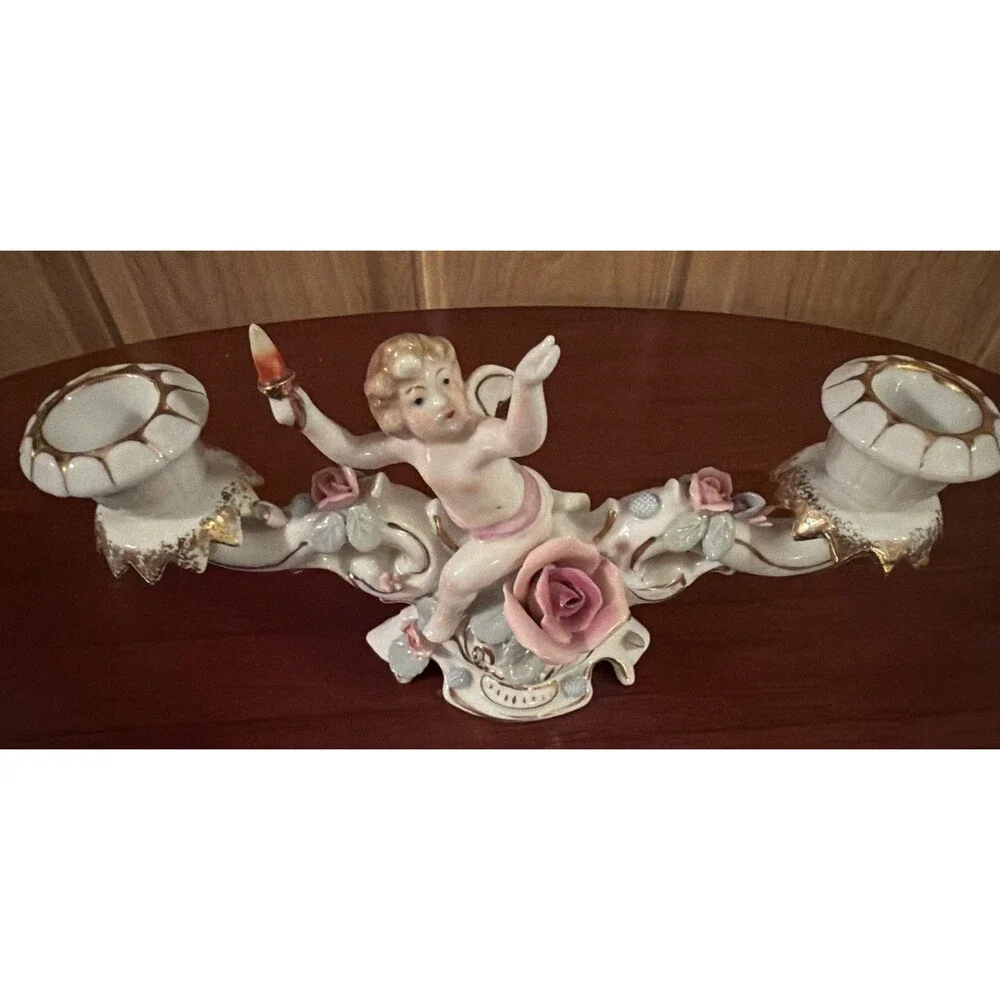 UCACGO Double Candlestick Holder Cherub Pink Roses Hand Painted Porcelain. Japan